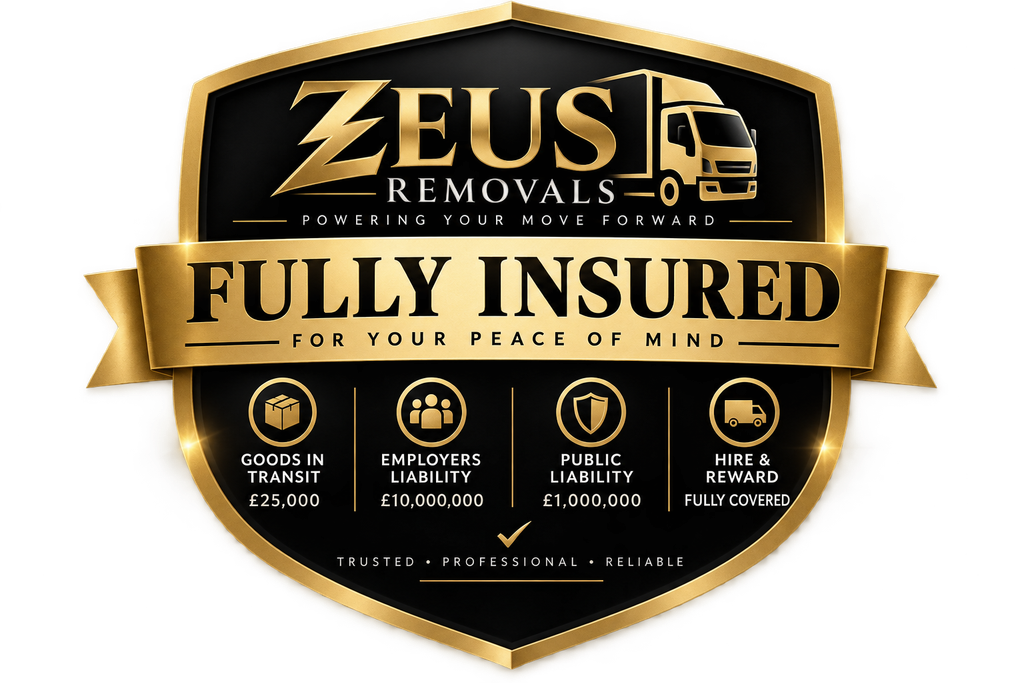 Zeus Removals fully insured removal company with Goods in Transit, Public Liability, Employersβ Liability and Hire & Reward cover